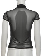 Black Mesh Collar Short Sleeve Top
