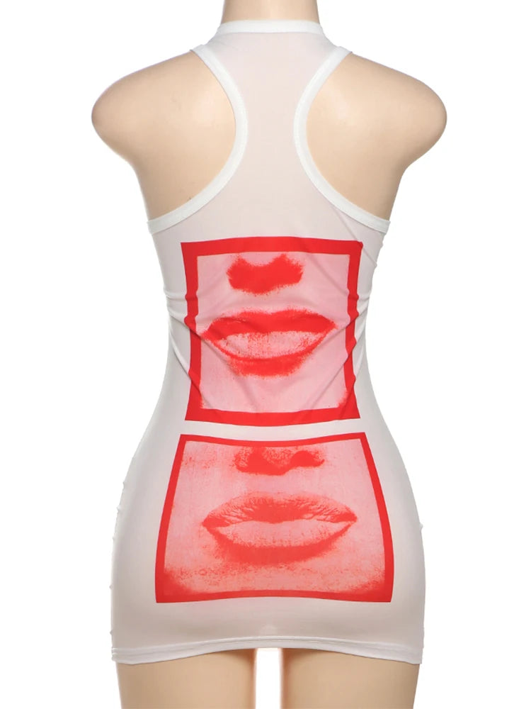 Lip Print Women Long Tank See Throuh Dress