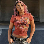 Orange Pattern Printed Slim Round Neck Crop Top Weeknd Shop Online