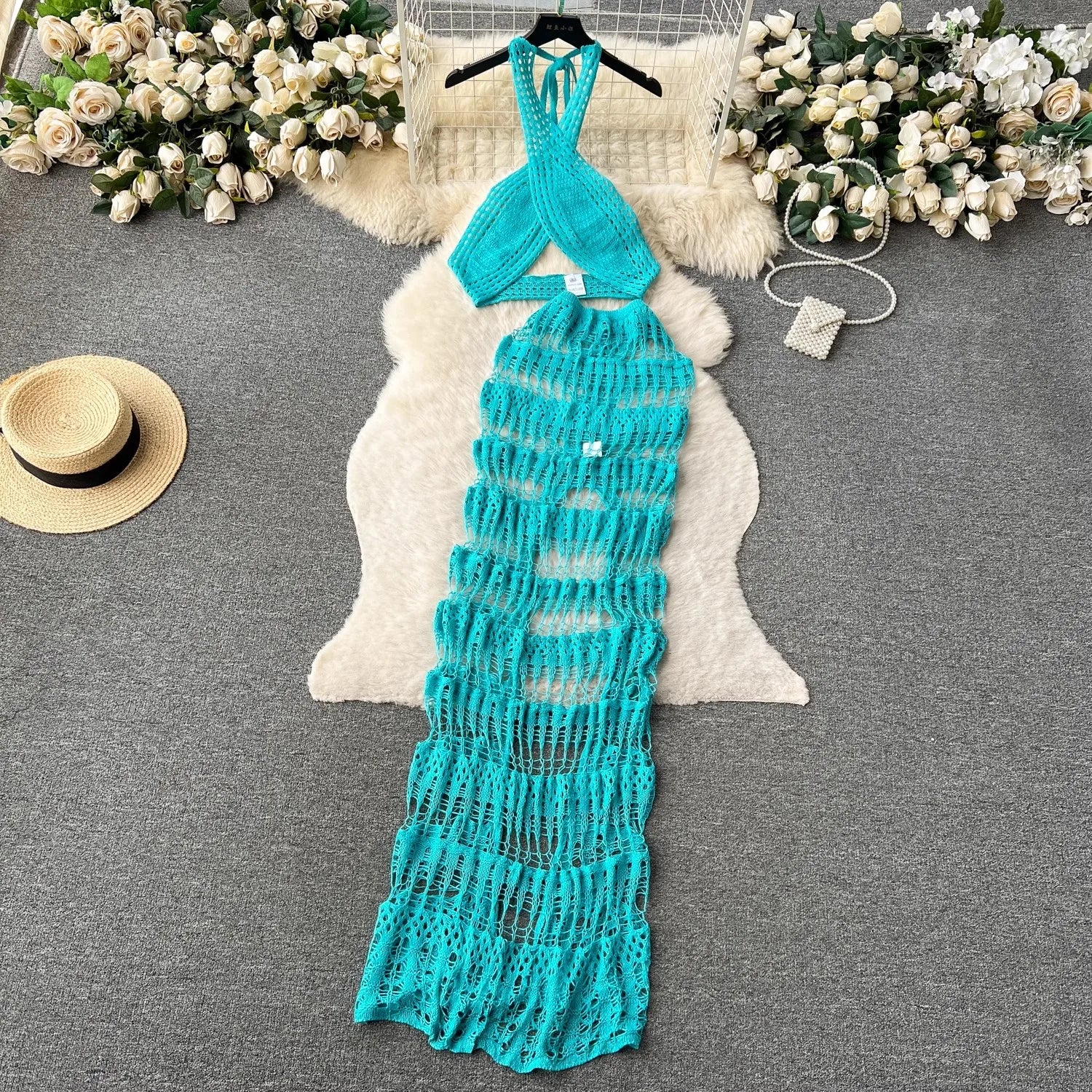 Janie Cross Halter Top + Split Long Skirt Set