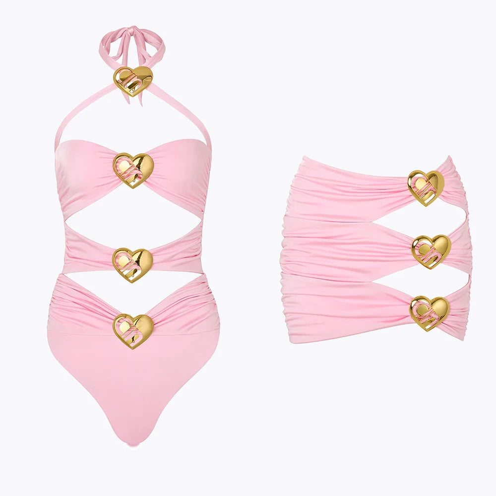 Sexy Heart Cut Out One Piece Swimsuit and Skirt Swimwear