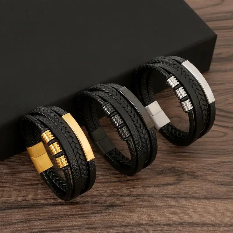 Men’s Multi-Layer Black Leather Bracelet with Gold Accents