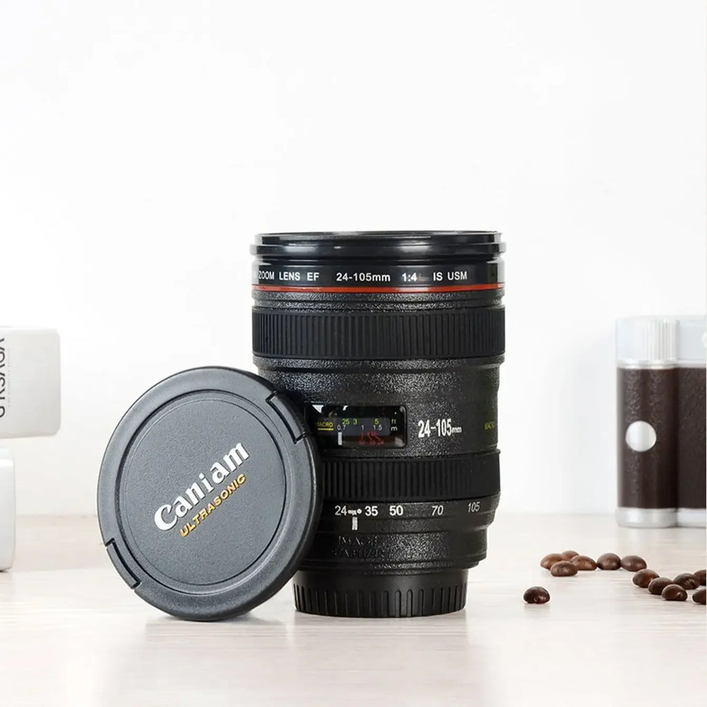Stainless Steel Camera Lens Coffee Mug with Leak-Proof Lid