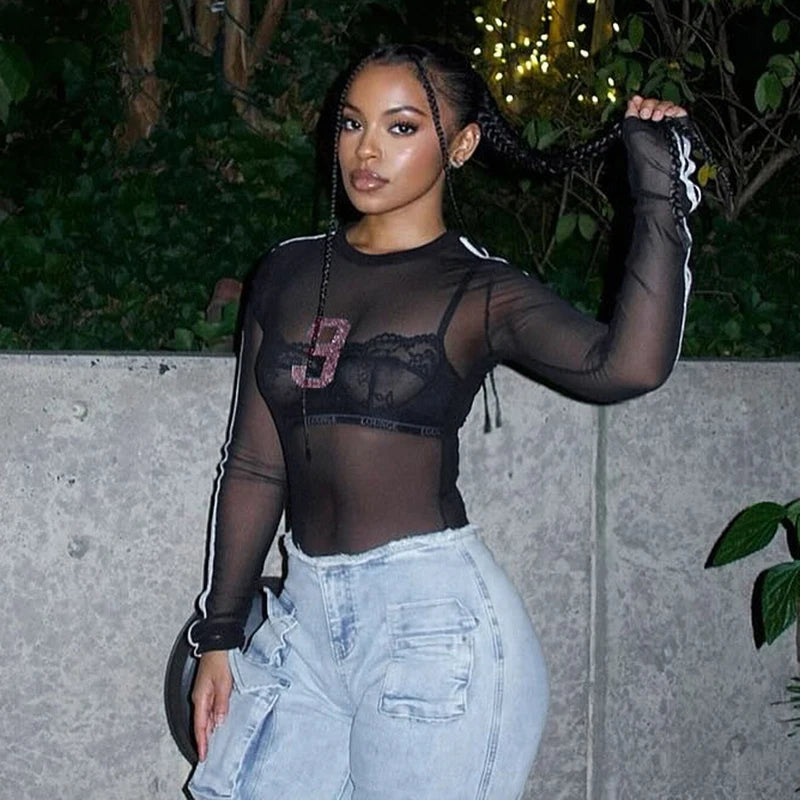 Mesh Long Sleeve Number 3 Print Crop Top