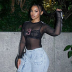 Mesh Long Sleeve Number 3 Print Crop Top