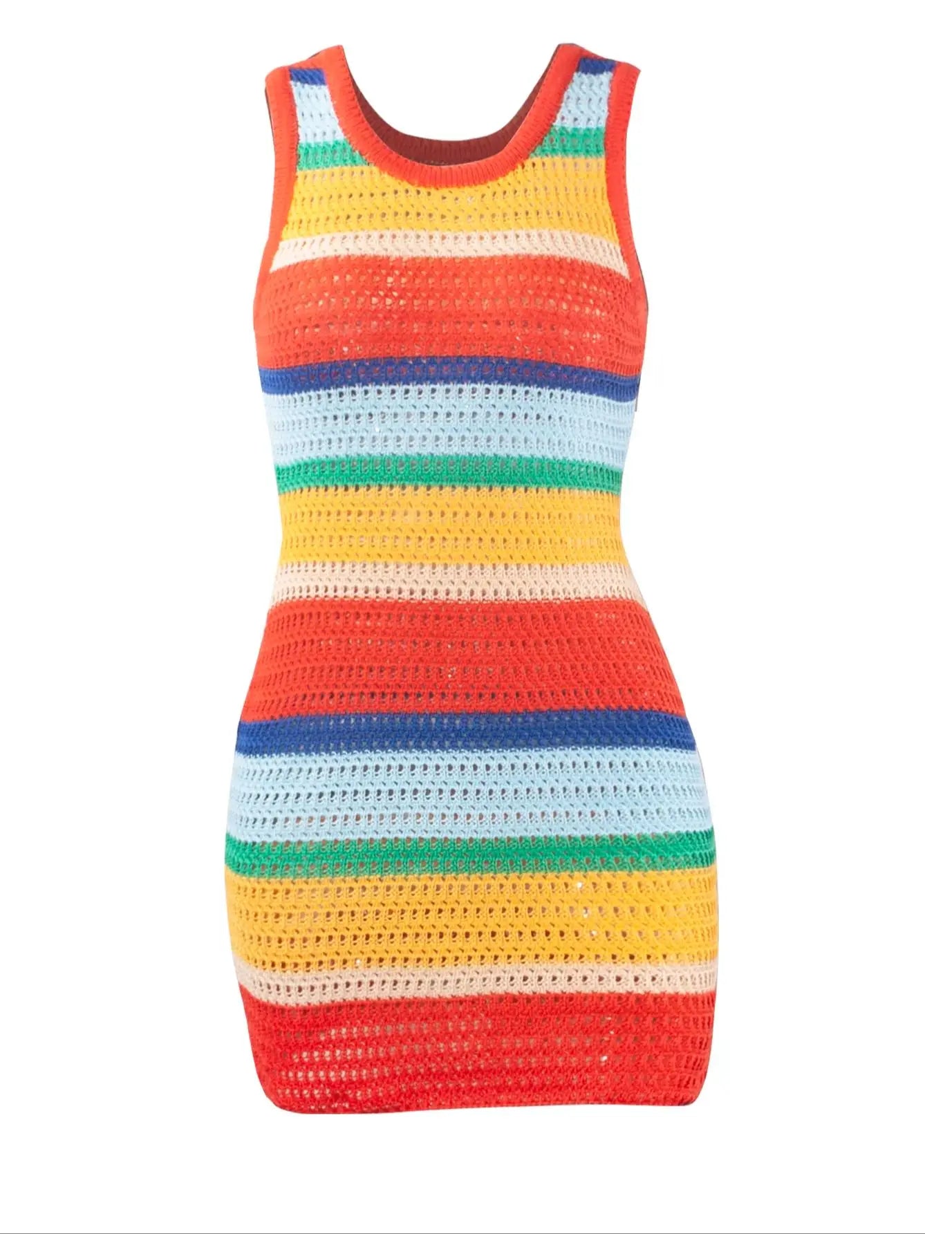 Striped Knitted Hollow Out Mini Dress