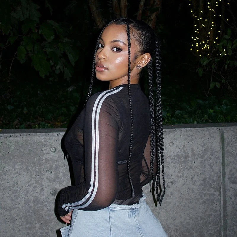 Mesh Long Sleeve Number 3 Print Crop Top
