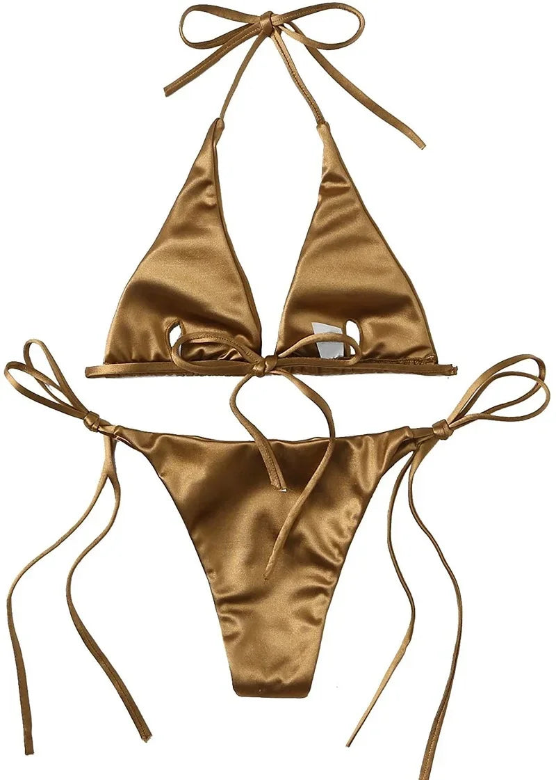 Halter Brazilian Metallic Satin Bikini