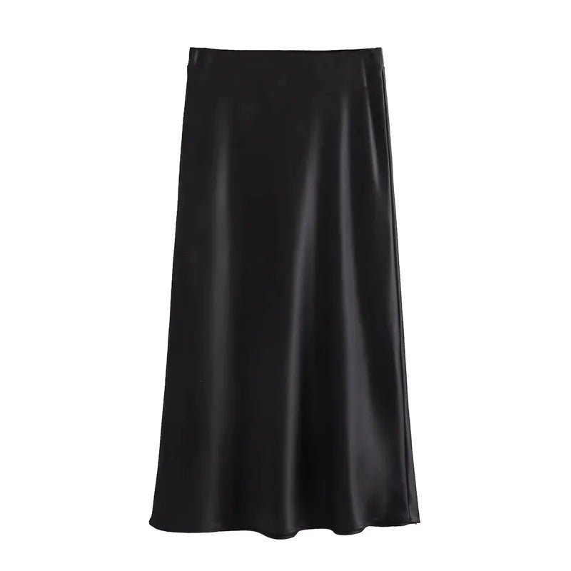Elegant High-Waisted Satin Midi Skirt