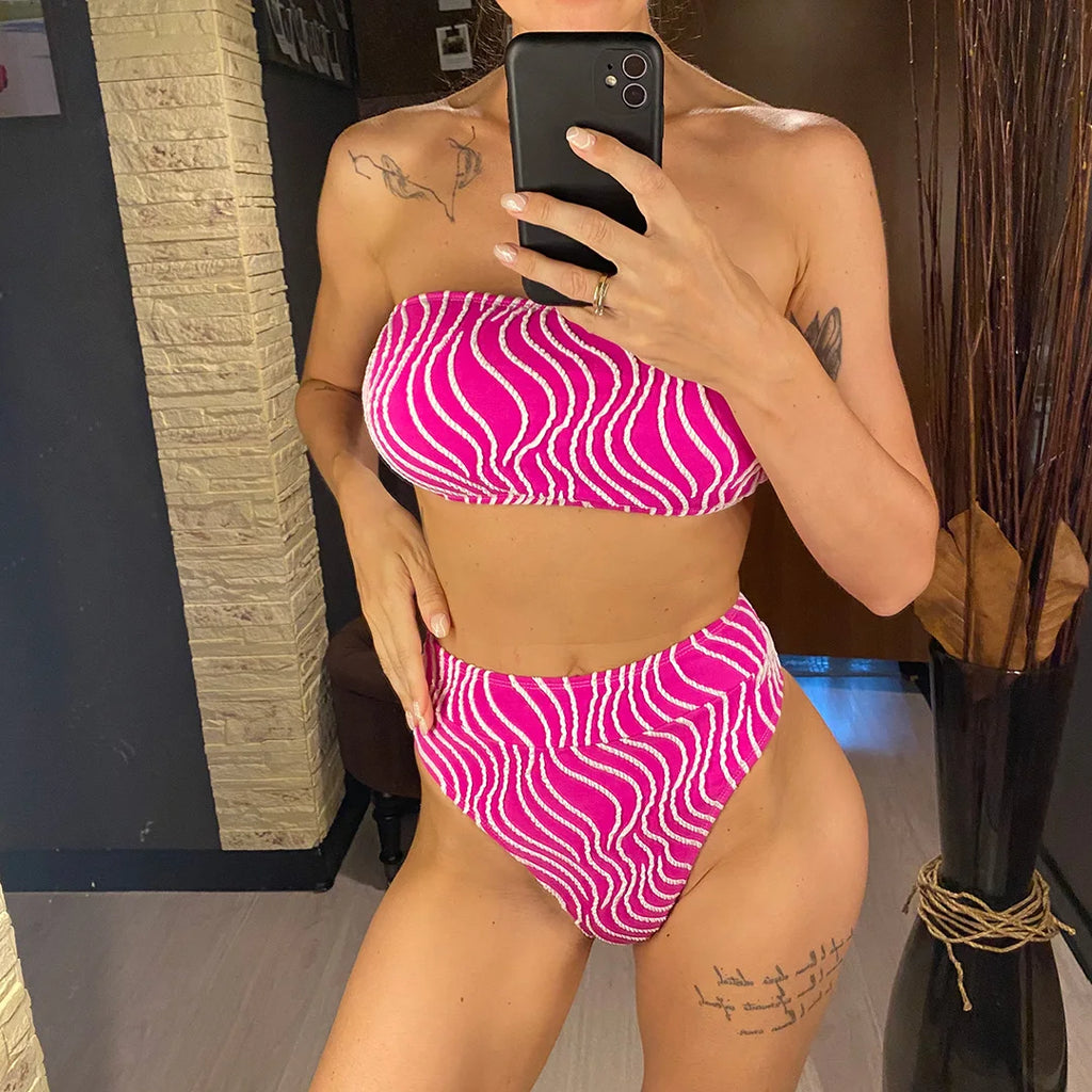 Sexy Wave Striped Bandeau High Waist Bikini Set