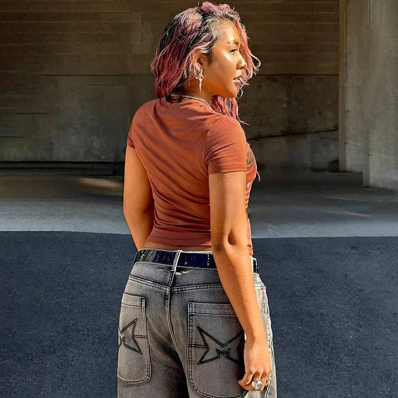 Orange Pattern Printed Slim Round Neck Crop Top Weeknd Shop Online