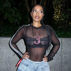 Mesh Long Sleeve Number 3 Print Crop Top