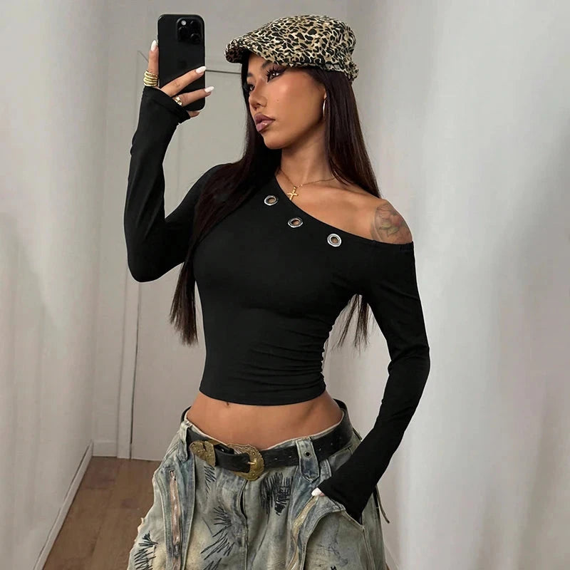 Zanna Off-Shoulder Slant Neck Hollow Out Crop Top Weeknd Shop Online