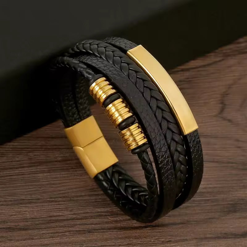 Men’s Multi-Layer Black Leather Bracelet with Gold Accents