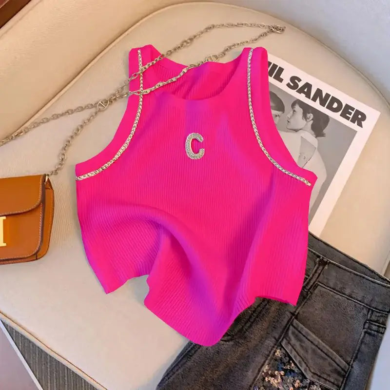 "Pop Off" Print Rib-Knit Colorblock Tank Crop