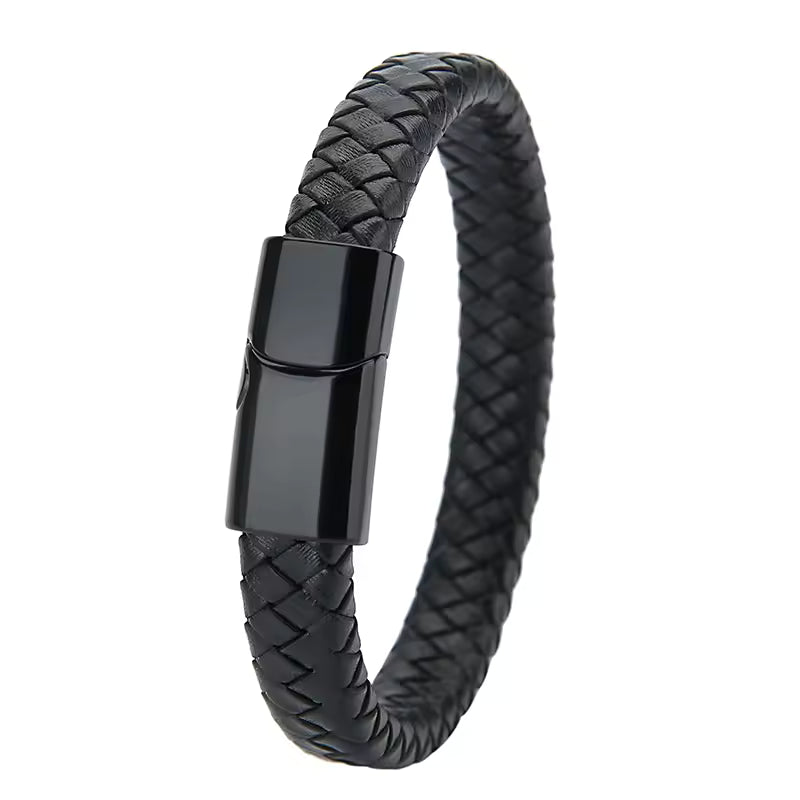ibrow Black Braided Leather Men’s Bracelet – Stylish Magnetic Clasp Wrap Accessory