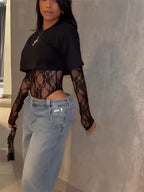Sexy Fashion Crop Top Lace Full Sleeve Bodysuit
