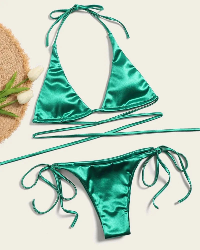 Halter Brazilian Metallic Satin Bikini