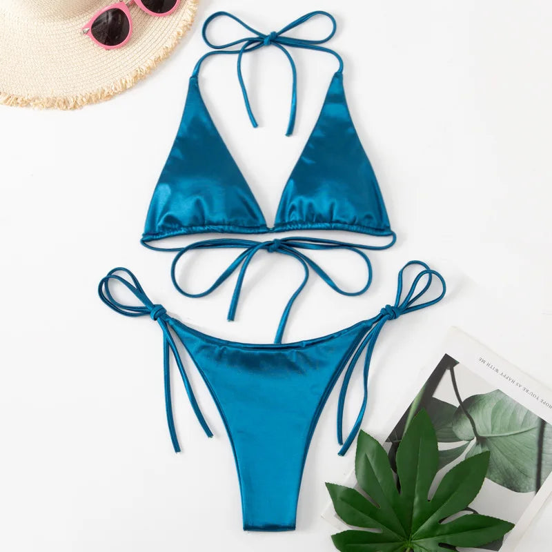 Halter Brazilian Metallic Satin Bikini