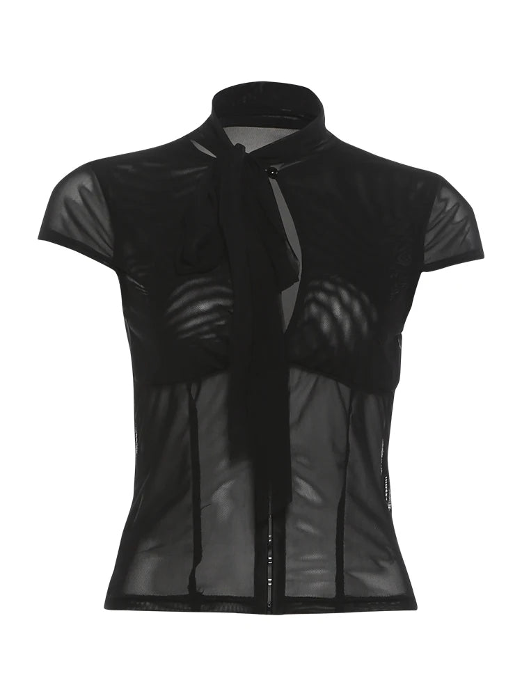 Black Mesh Collar Short Sleeve Top