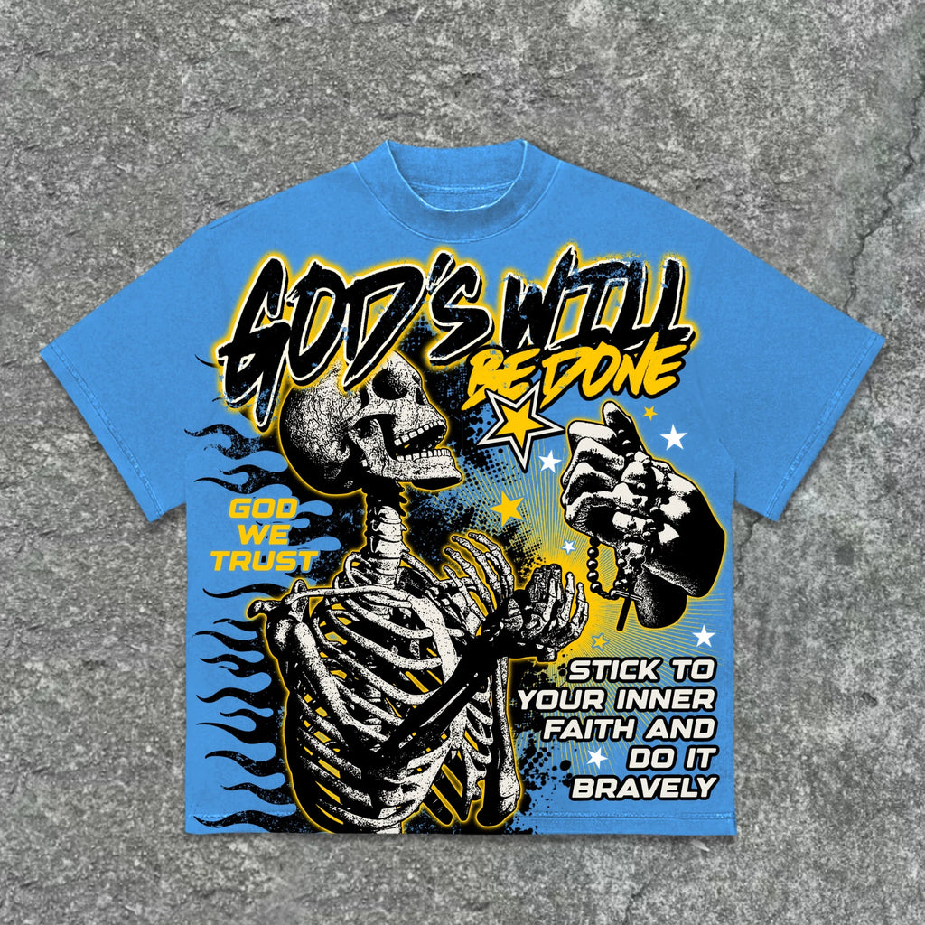 American Retro God's Will Skull Graphic Oversized T-Shirt