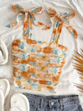 Mesh Floral Slim Fit Ruched Crop Top