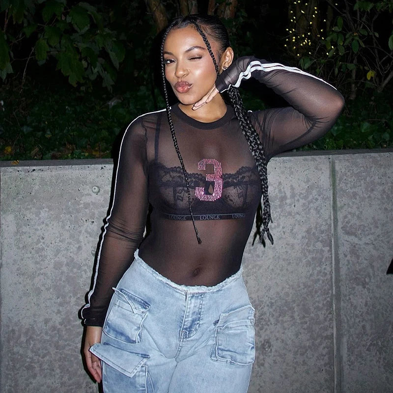 Mesh Long Sleeve Number 3 Print Crop Top