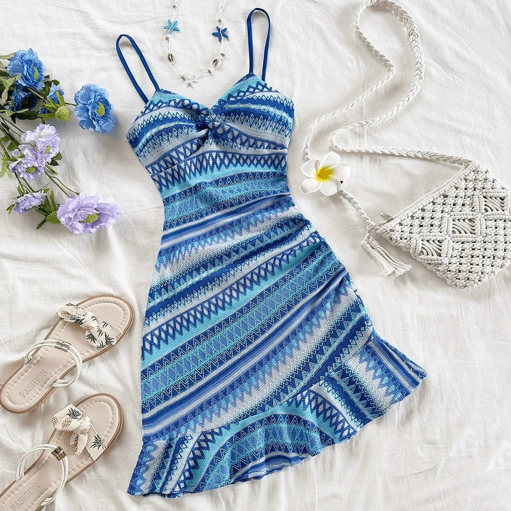 Blue Boho Print Spaghetti Strap Bodycon Mini Dress Weeknd Shop Online
