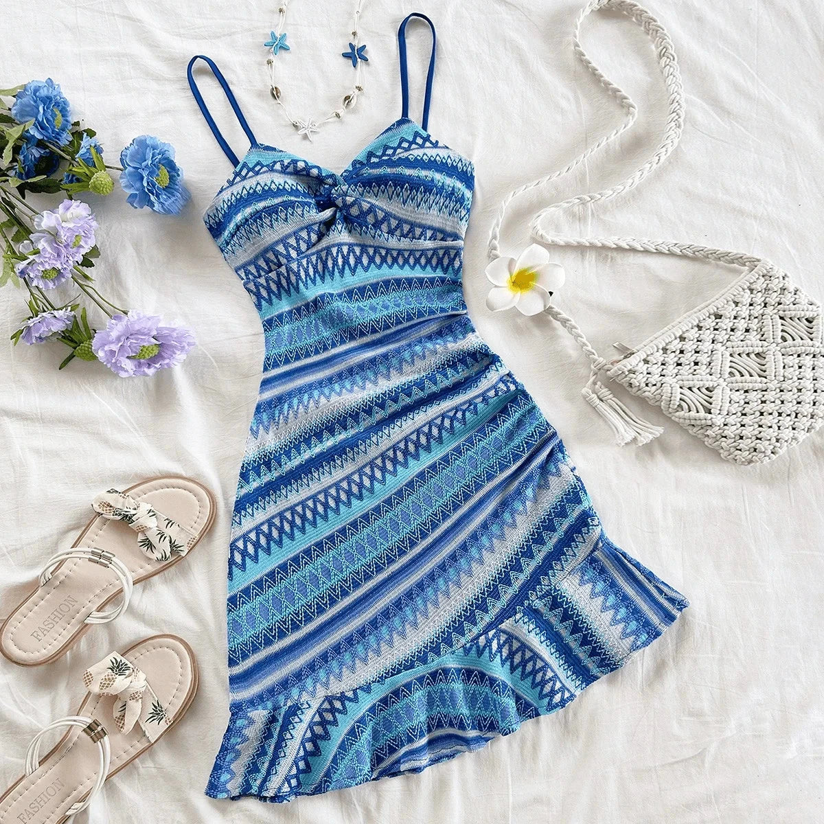 Blue Boho Print Spaghetti Strap Bodycon Mini Dress Weeknd Shop Online
