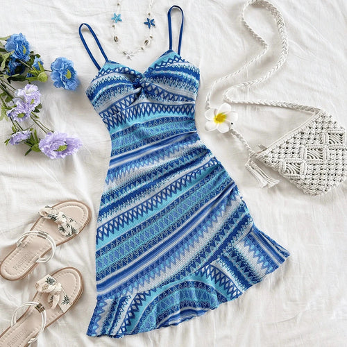 Blue Boho Print Spaghetti Strap Bodycon Mini Dress Weeknd Shop Online