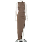Elegant Solid Color Asymmetric High-Split Cocktail Dress