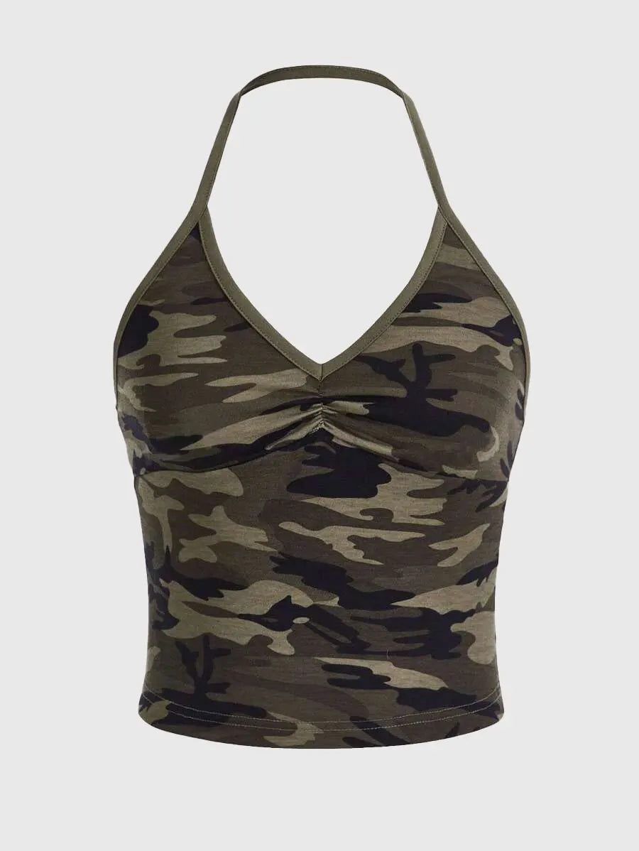 Blend In to Stand Out – Camouflage V-Neck Crop Halter Top