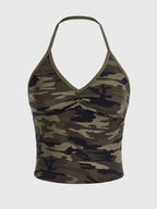 Blend In to Stand Out – Camouflage V-Neck Crop Halter Top
