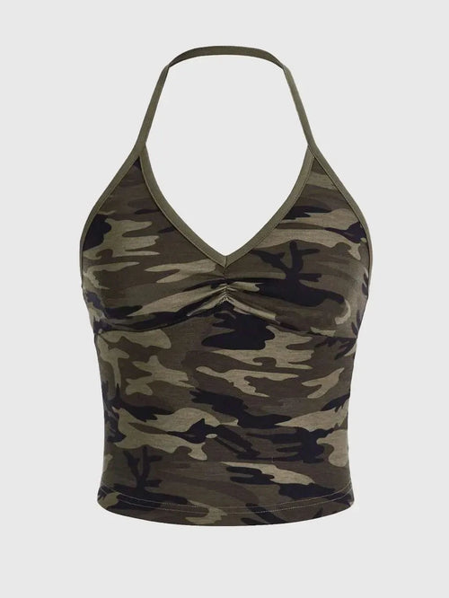 Blend In to Stand Out – Camouflage V-Neck Crop Halter Top Weeknd Shop Online