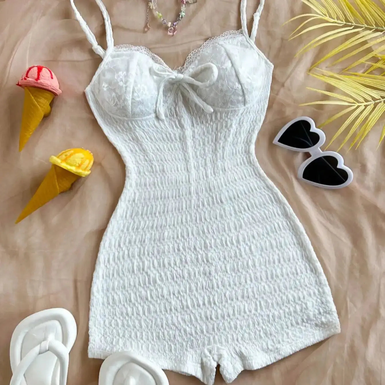 Lace-Trimmed Smocked Romper