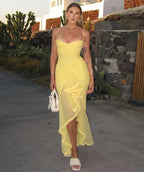 Veria Yellow  Mesh Spaghetti Strap Dress - Weeknd Shop Online 